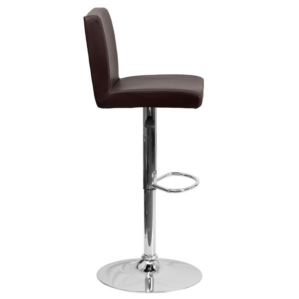 Brown |#| Brown Vinyl Adjustable Height Barstool with Panel Back and Chrome Base