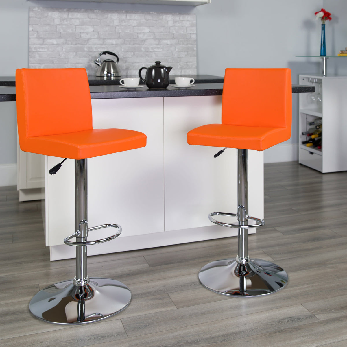 Orange |#| Orange Vinyl Adjustable Height Barstool with Panel Back and Chrome Base