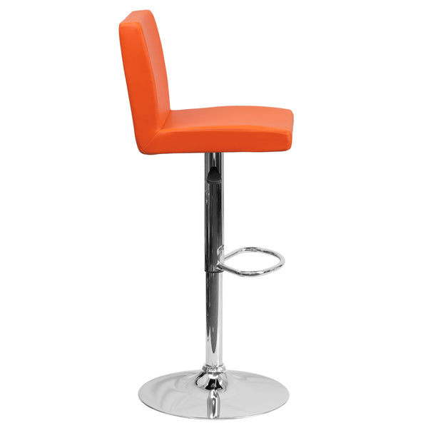 Orange |#| Orange Vinyl Adjustable Height Barstool with Panel Back and Chrome Base