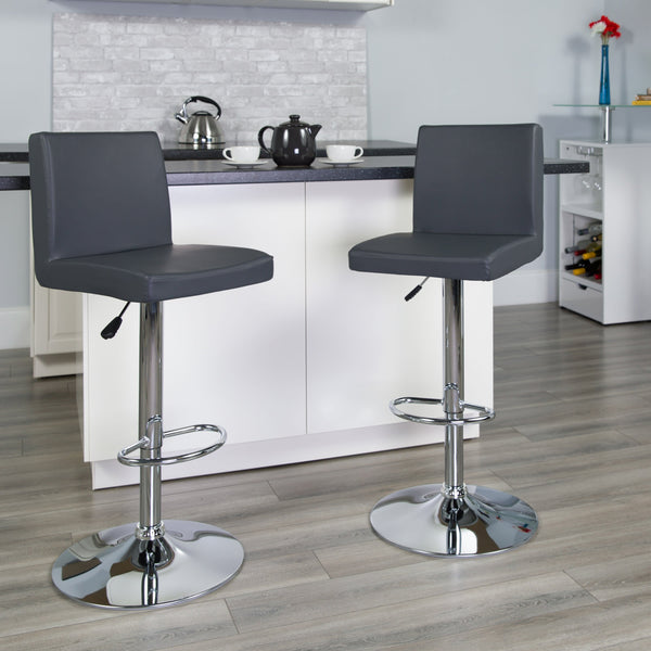 Gray |#| Gray Vinyl Adjustable Height Barstool with Panel Back and Chrome Base