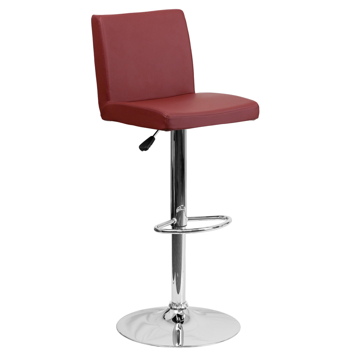 Burgundy |#| Burgundy Vinyl Adjustable Height Barstool with Panel Back and Chrome Base