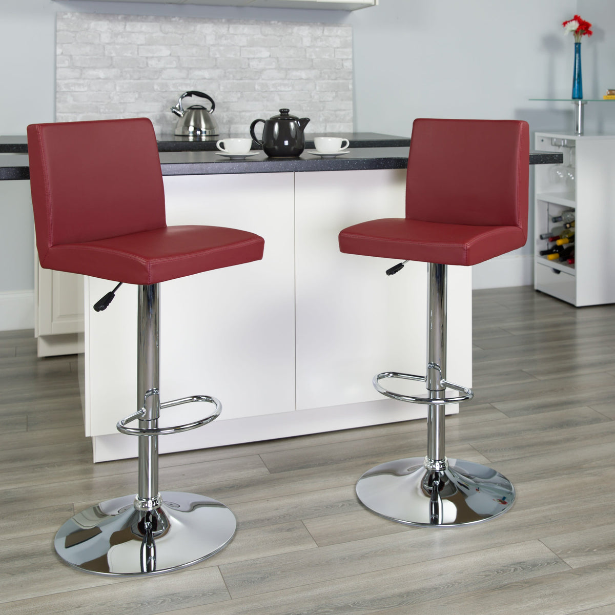 Burgundy |#| Burgundy Vinyl Adjustable Height Barstool with Panel Back and Chrome Base