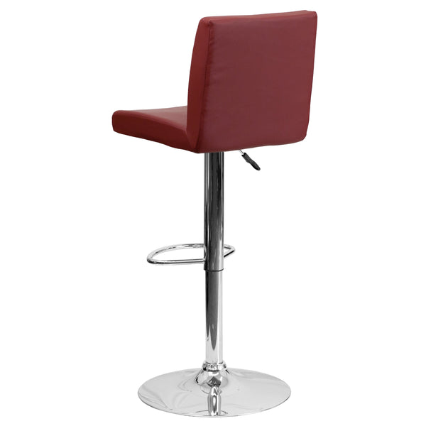 Burgundy |#| Burgundy Vinyl Adjustable Height Barstool with Panel Back and Chrome Base