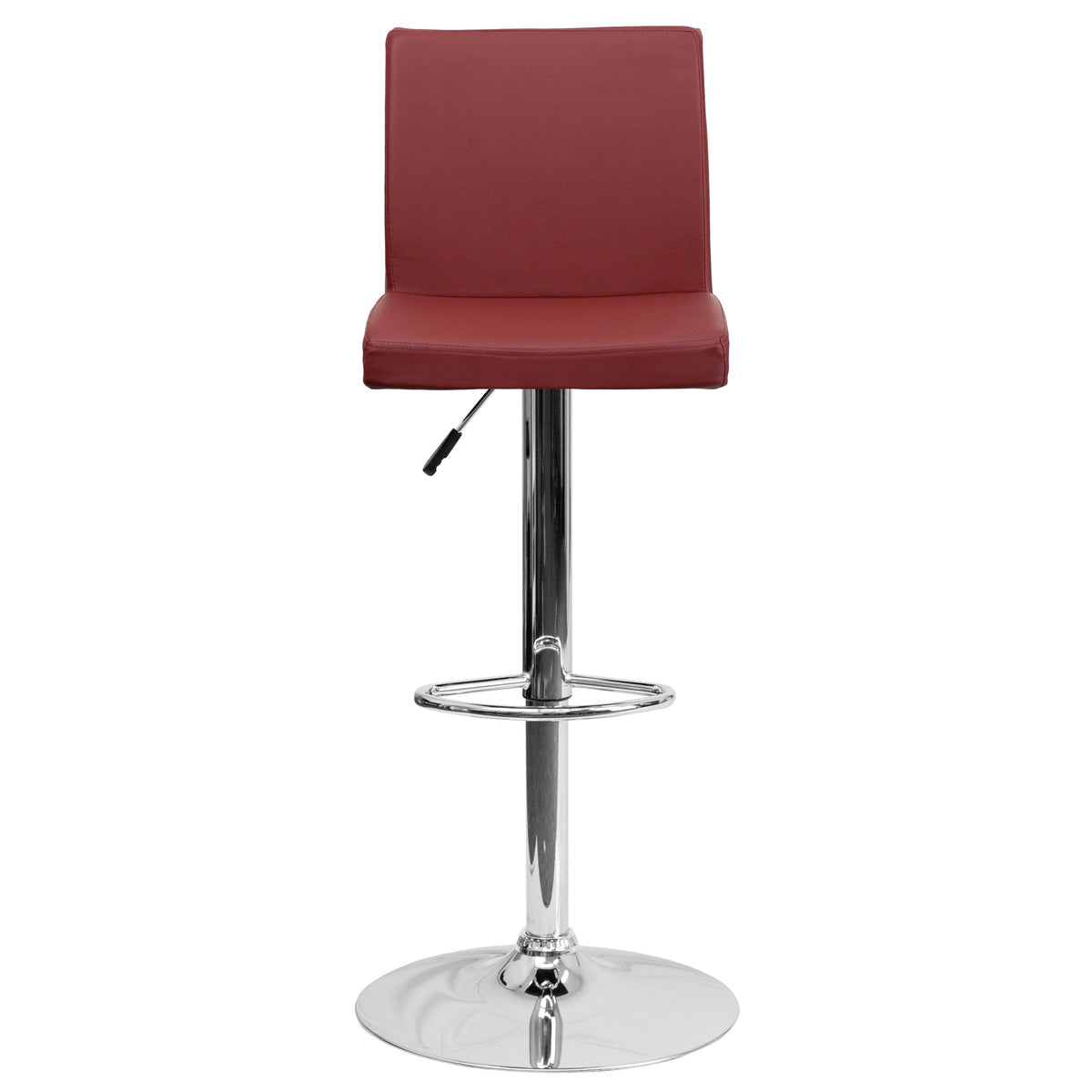 Burgundy |#| Burgundy Vinyl Adjustable Height Barstool with Panel Back and Chrome Base