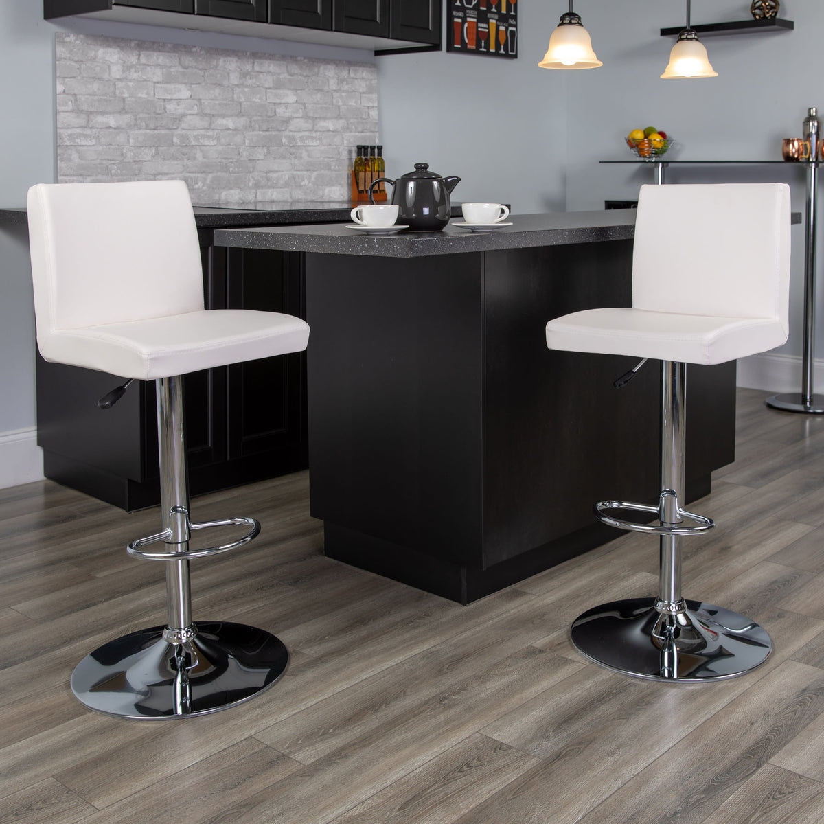 White |#| White Vinyl Adjustable Height Barstool with Panel Back and Chrome Base