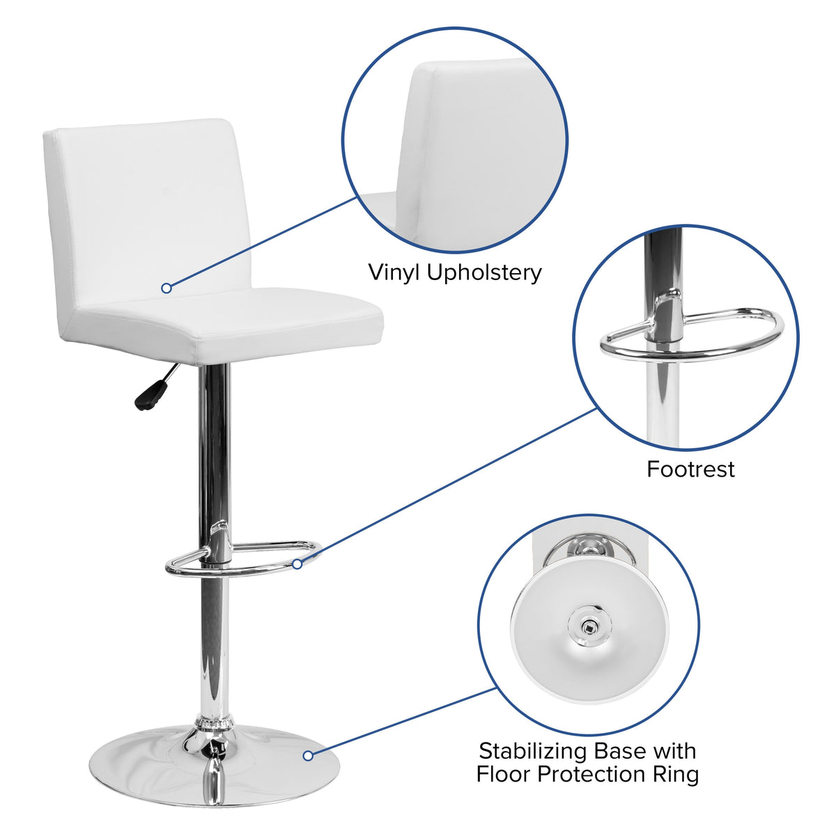 White |#| White Vinyl Adjustable Height Barstool with Panel Back and Chrome Base