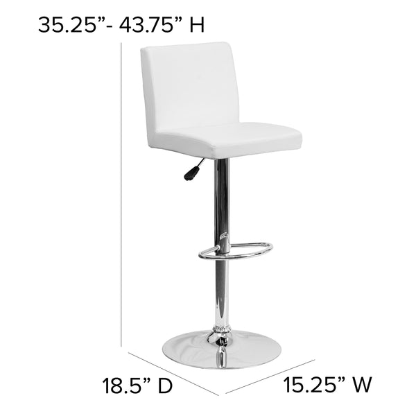 White |#| White Vinyl Adjustable Height Barstool with Panel Back and Chrome Base