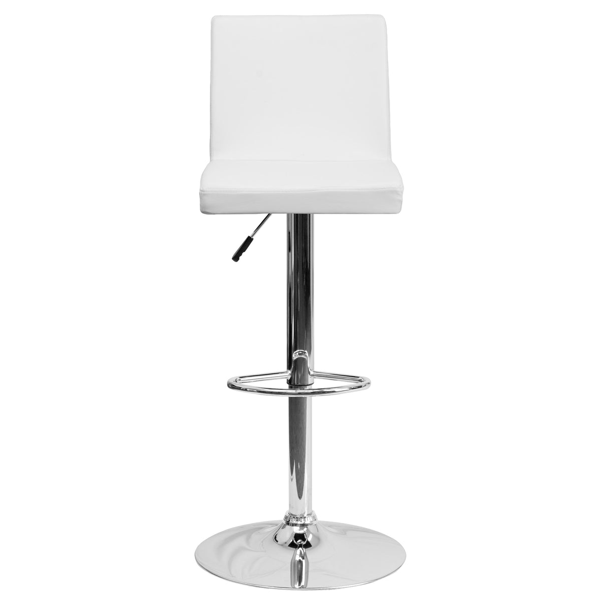 White |#| White Vinyl Adjustable Height Barstool with Panel Back and Chrome Base