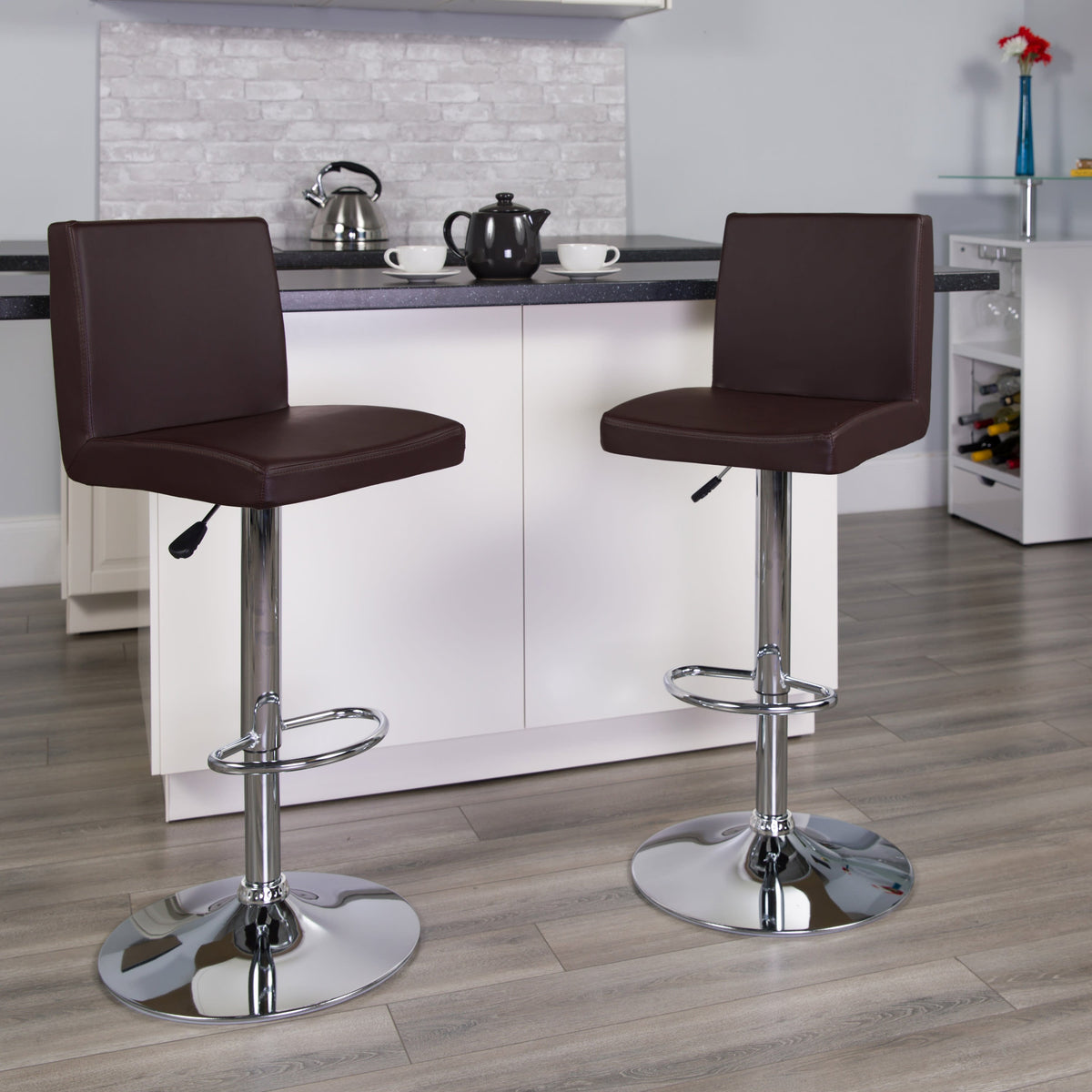 Brown |#| Brown Vinyl Adjustable Height Barstool with Panel Back and Chrome Base