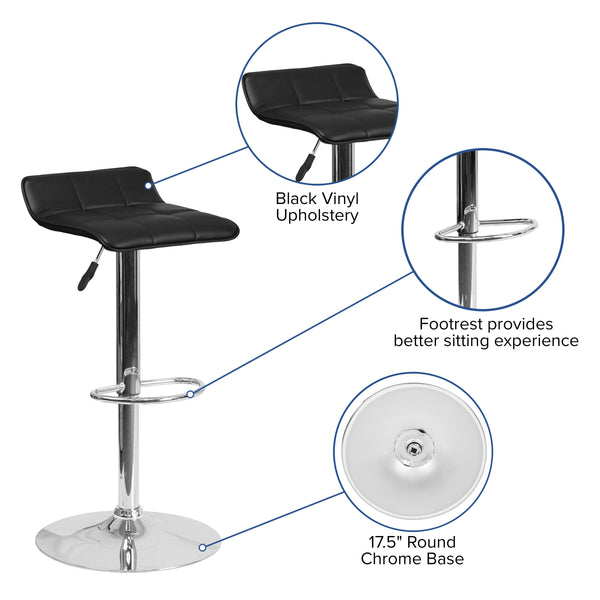 Black |#| Black Vinyl Adjustable Height Barstool with Quilted Wave Seat and Chrome Base