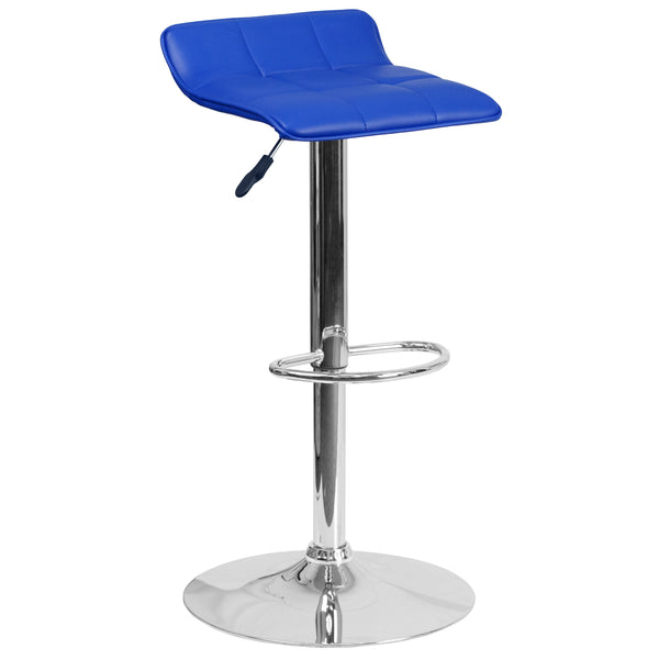 Blue |#| Blue Vinyl Adjustable Height Barstool with Quilted Wave Seat and Chrome Base