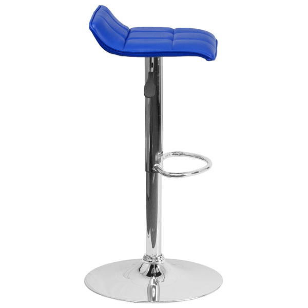 Blue |#| Blue Vinyl Adjustable Height Barstool with Quilted Wave Seat and Chrome Base
