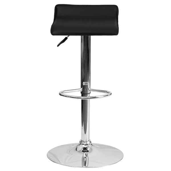 Black |#| Black Vinyl Adjustable Height Barstool with Solid Wave Seat and Chrome Base