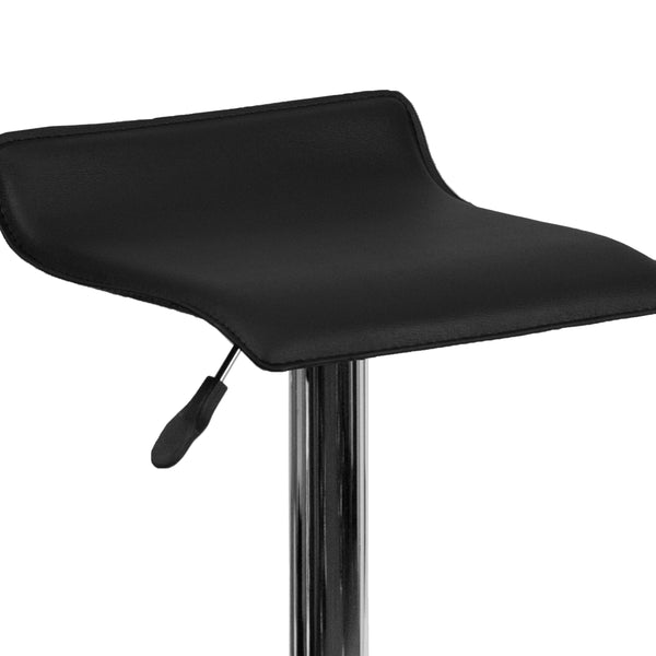 Black |#| Black Vinyl Adjustable Height Barstool with Solid Wave Seat and Chrome Base