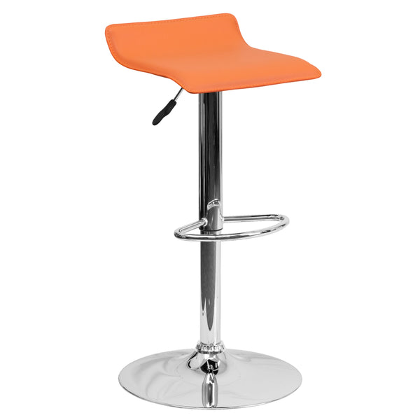 Orange |#| Orange Vinyl Adjustable Height Barstool with Solid Wave Seat and Chrome Base