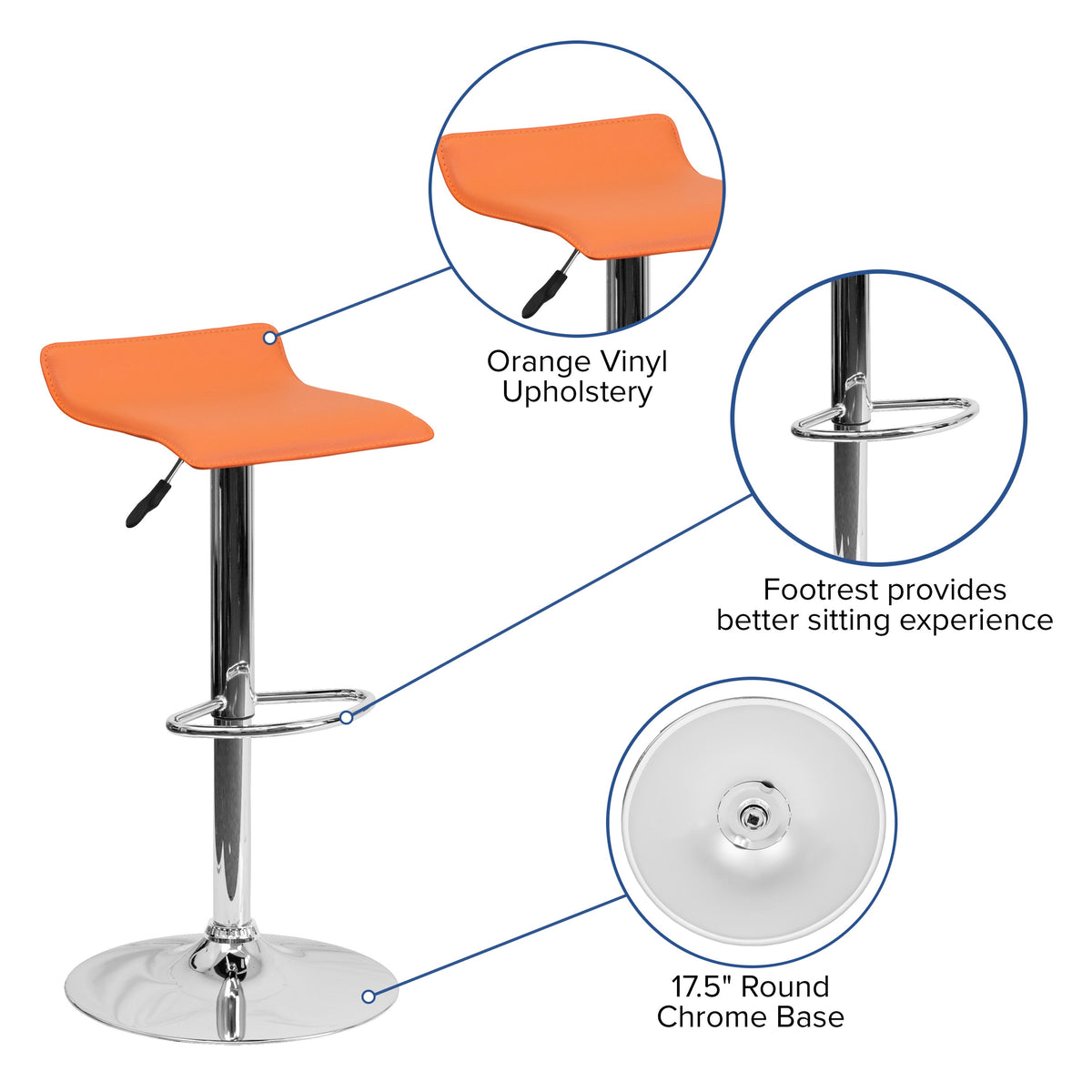 Orange |#| Orange Vinyl Adjustable Height Barstool with Solid Wave Seat and Chrome Base