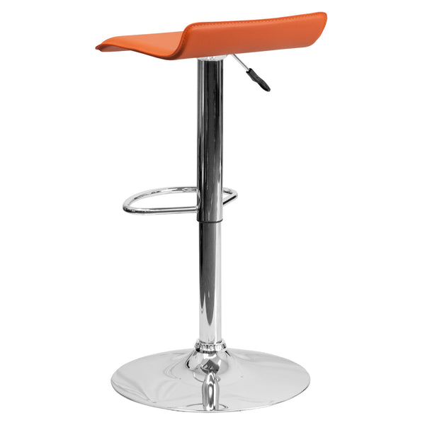 Orange |#| Orange Vinyl Adjustable Height Barstool with Solid Wave Seat and Chrome Base