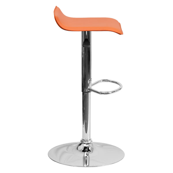 Orange |#| Orange Vinyl Adjustable Height Barstool with Solid Wave Seat and Chrome Base