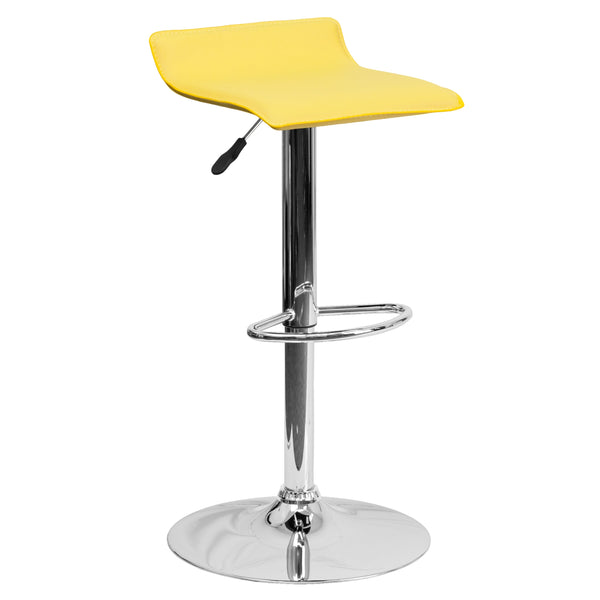 Yellow |#| Yellow Vinyl Adjustable Height Barstool with Solid Wave Seat and Chrome Base