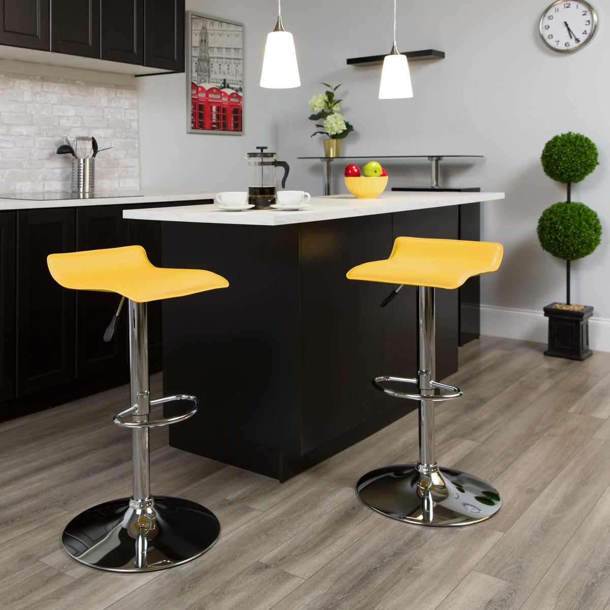 Yellow |#| Yellow Vinyl Adjustable Height Barstool with Solid Wave Seat and Chrome Base