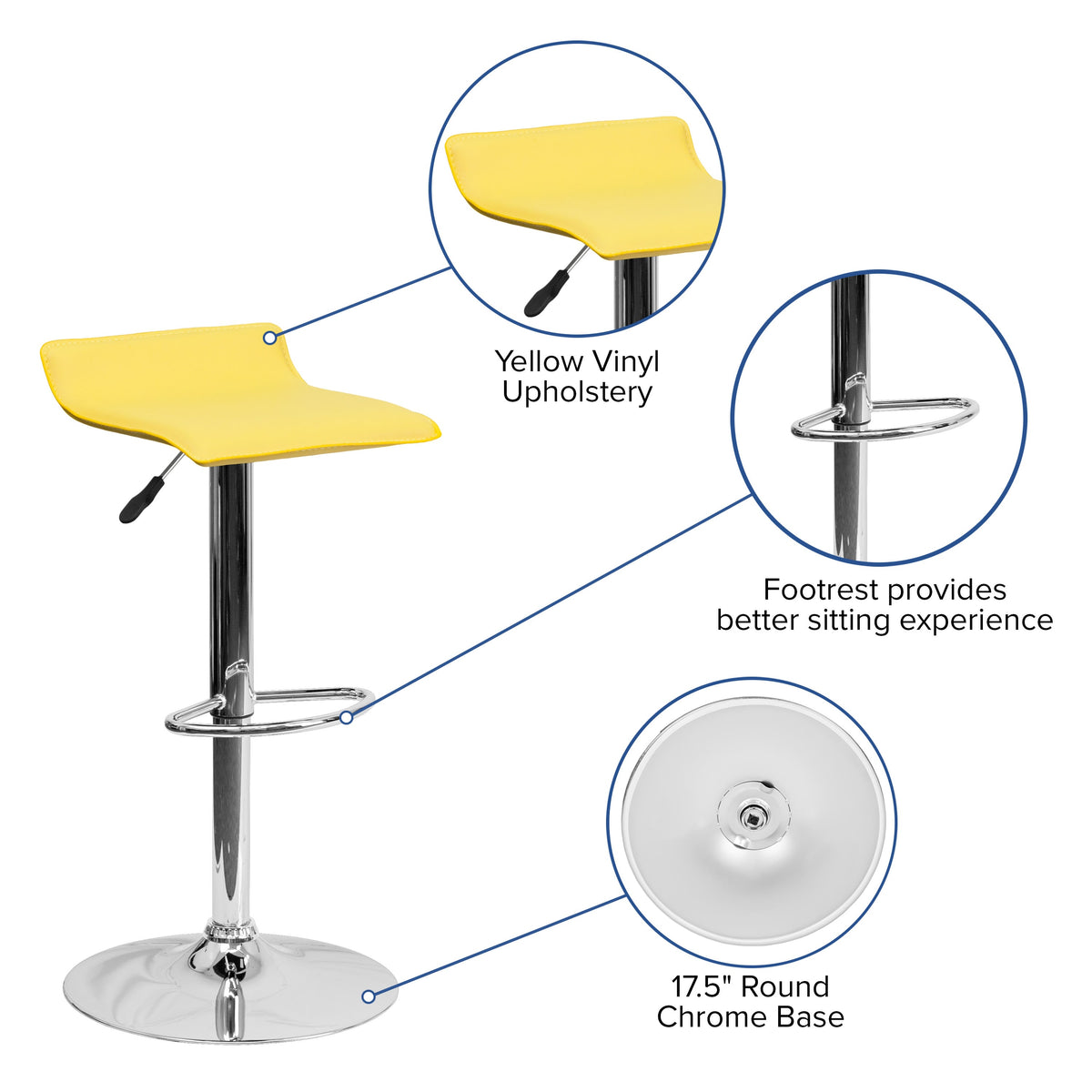 Yellow |#| Yellow Vinyl Adjustable Height Barstool with Solid Wave Seat and Chrome Base