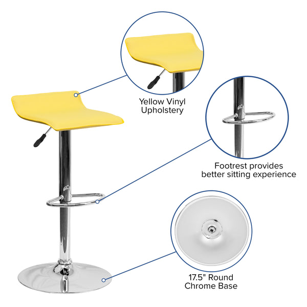 Yellow |#| Yellow Vinyl Adjustable Height Barstool with Solid Wave Seat and Chrome Base