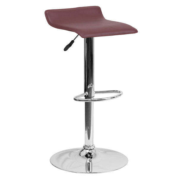 Burgundy |#| Burgundy Vinyl Adjustable Height Barstool with Solid Wave Seat and Chrome Base