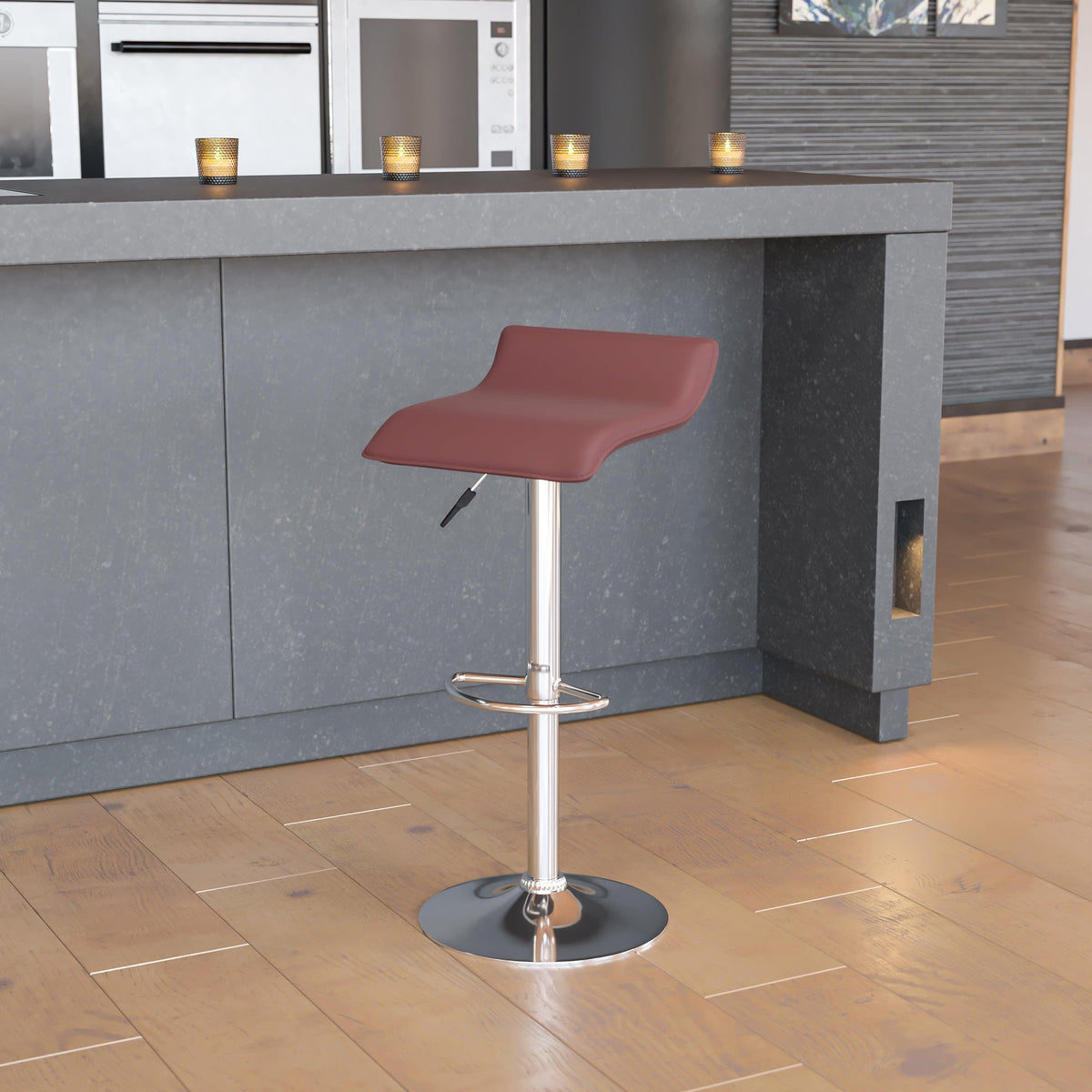 Burgundy |#| Burgundy Vinyl Adjustable Height Barstool with Solid Wave Seat and Chrome Base