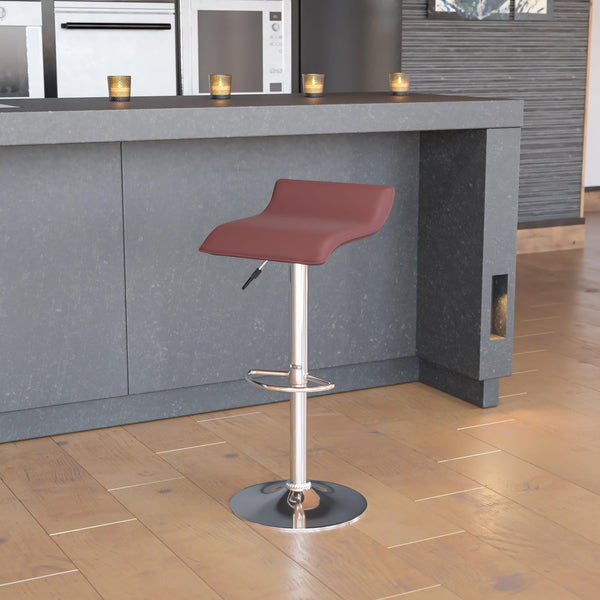 Burgundy |#| Burgundy Vinyl Adjustable Height Barstool with Solid Wave Seat and Chrome Base