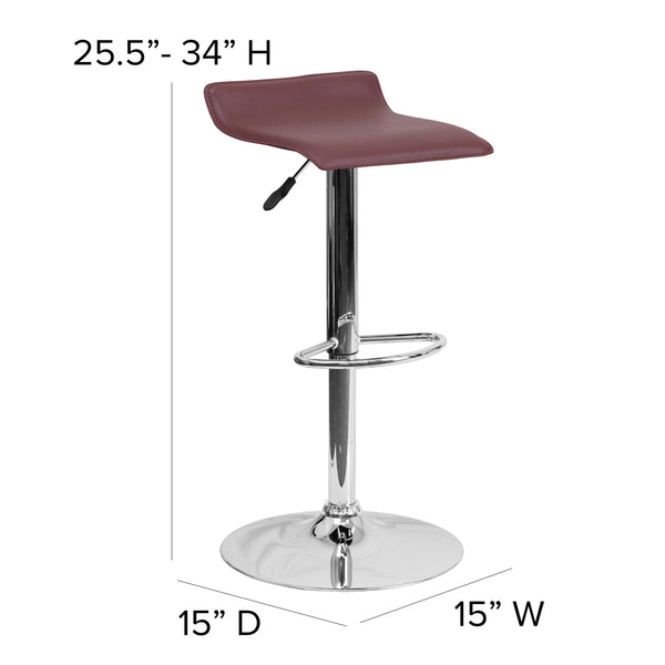 Burgundy |#| Burgundy Vinyl Adjustable Height Barstool with Solid Wave Seat and Chrome Base