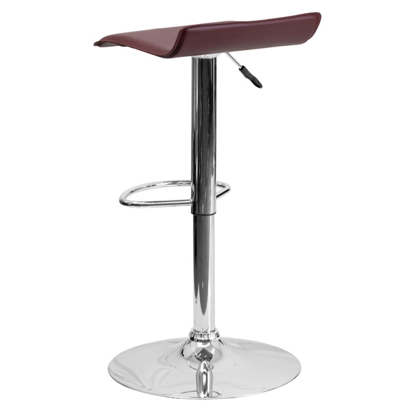 Burgundy |#| Burgundy Vinyl Adjustable Height Barstool with Solid Wave Seat and Chrome Base
