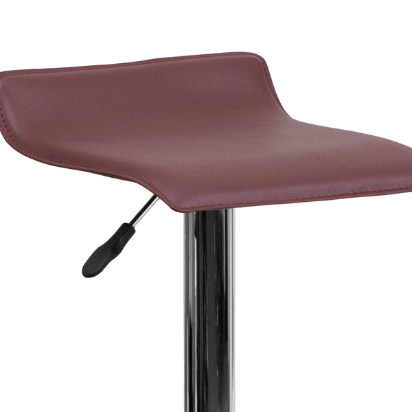 Burgundy |#| Burgundy Vinyl Adjustable Height Barstool with Solid Wave Seat and Chrome Base