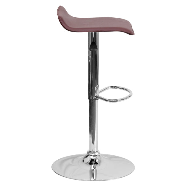 Burgundy |#| Burgundy Vinyl Adjustable Height Barstool with Solid Wave Seat and Chrome Base
