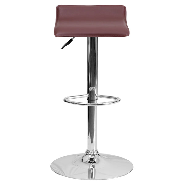 Burgundy |#| Burgundy Vinyl Adjustable Height Barstool with Solid Wave Seat and Chrome Base