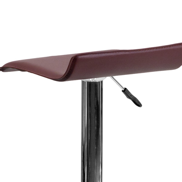 Burgundy |#| Burgundy Vinyl Adjustable Height Barstool with Solid Wave Seat and Chrome Base