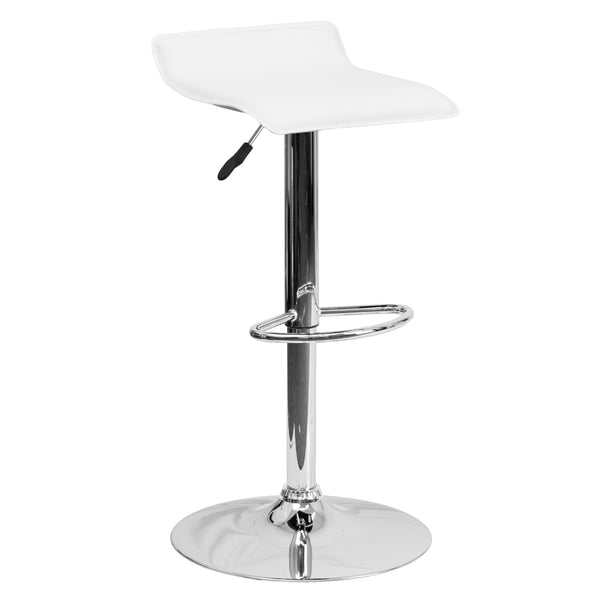 White |#| White Vinyl Adjustable Height Barstool with Solid Wave Seat and Chrome Base