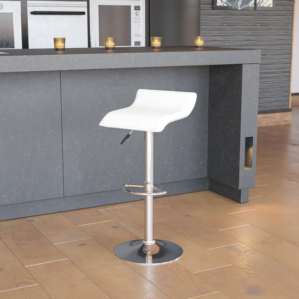 White |#| White Vinyl Adjustable Height Barstool with Solid Wave Seat and Chrome Base