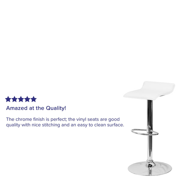 White |#| White Vinyl Adjustable Height Barstool with Solid Wave Seat and Chrome Base