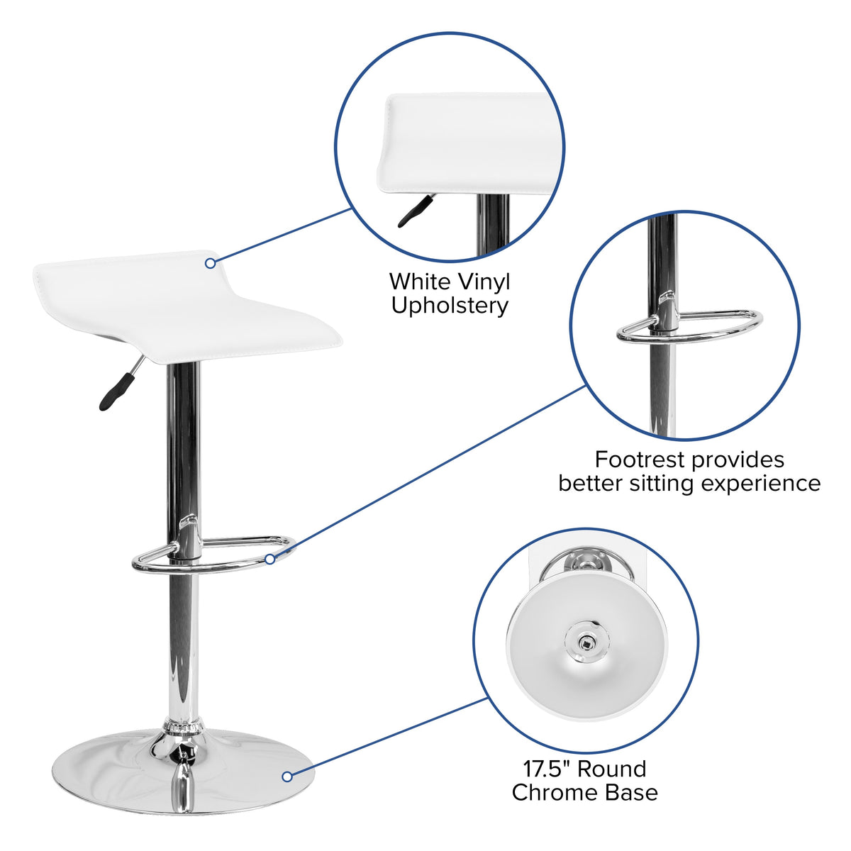 White |#| White Vinyl Adjustable Height Barstool with Solid Wave Seat and Chrome Base
