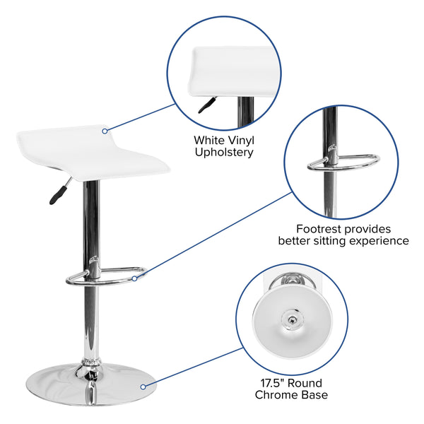 White |#| White Vinyl Adjustable Height Barstool with Solid Wave Seat and Chrome Base