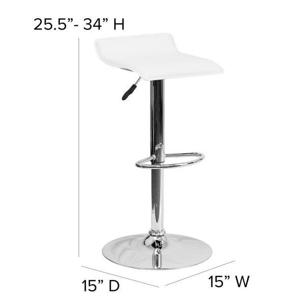 White |#| White Vinyl Adjustable Height Barstool with Solid Wave Seat and Chrome Base