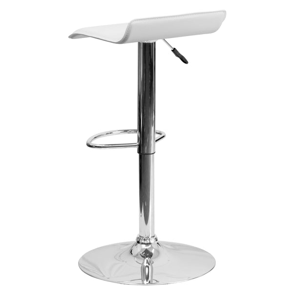 White |#| White Vinyl Adjustable Height Barstool with Solid Wave Seat and Chrome Base
