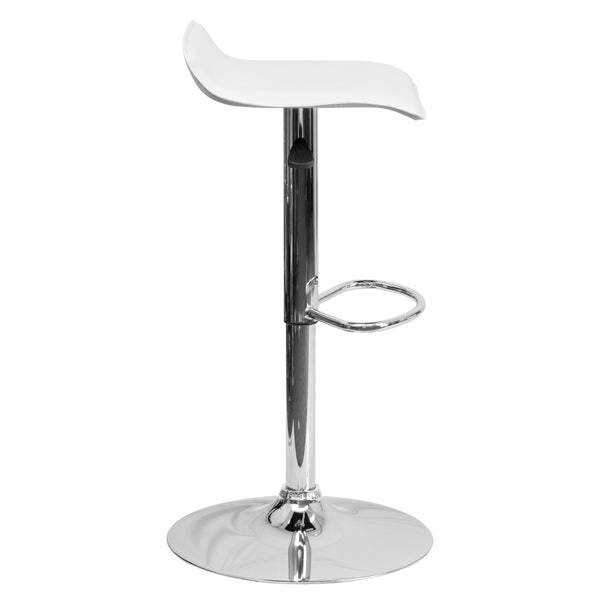 White |#| White Vinyl Adjustable Height Barstool with Solid Wave Seat and Chrome Base