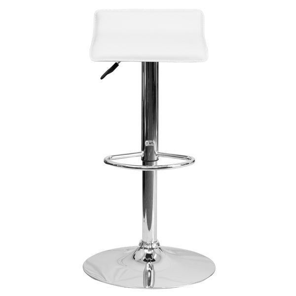 White |#| White Vinyl Adjustable Height Barstool with Solid Wave Seat and Chrome Base
