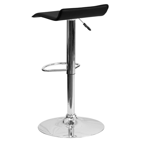 Black |#| Black Vinyl Adjustable Height Barstool with Solid Wave Seat and Chrome Base