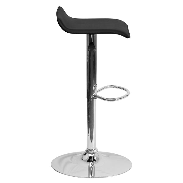 Black |#| Black Vinyl Adjustable Height Barstool with Solid Wave Seat and Chrome Base