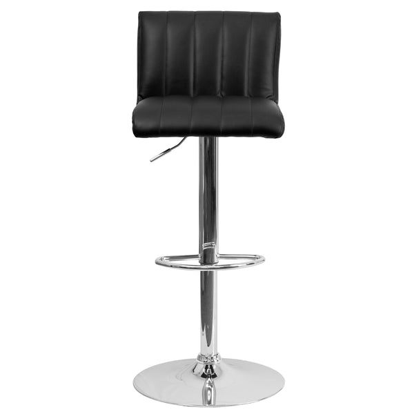 Black |#| Black Vinyl Adjustable Barstool with Vertical Stitch Back/Seat & Chrome Base