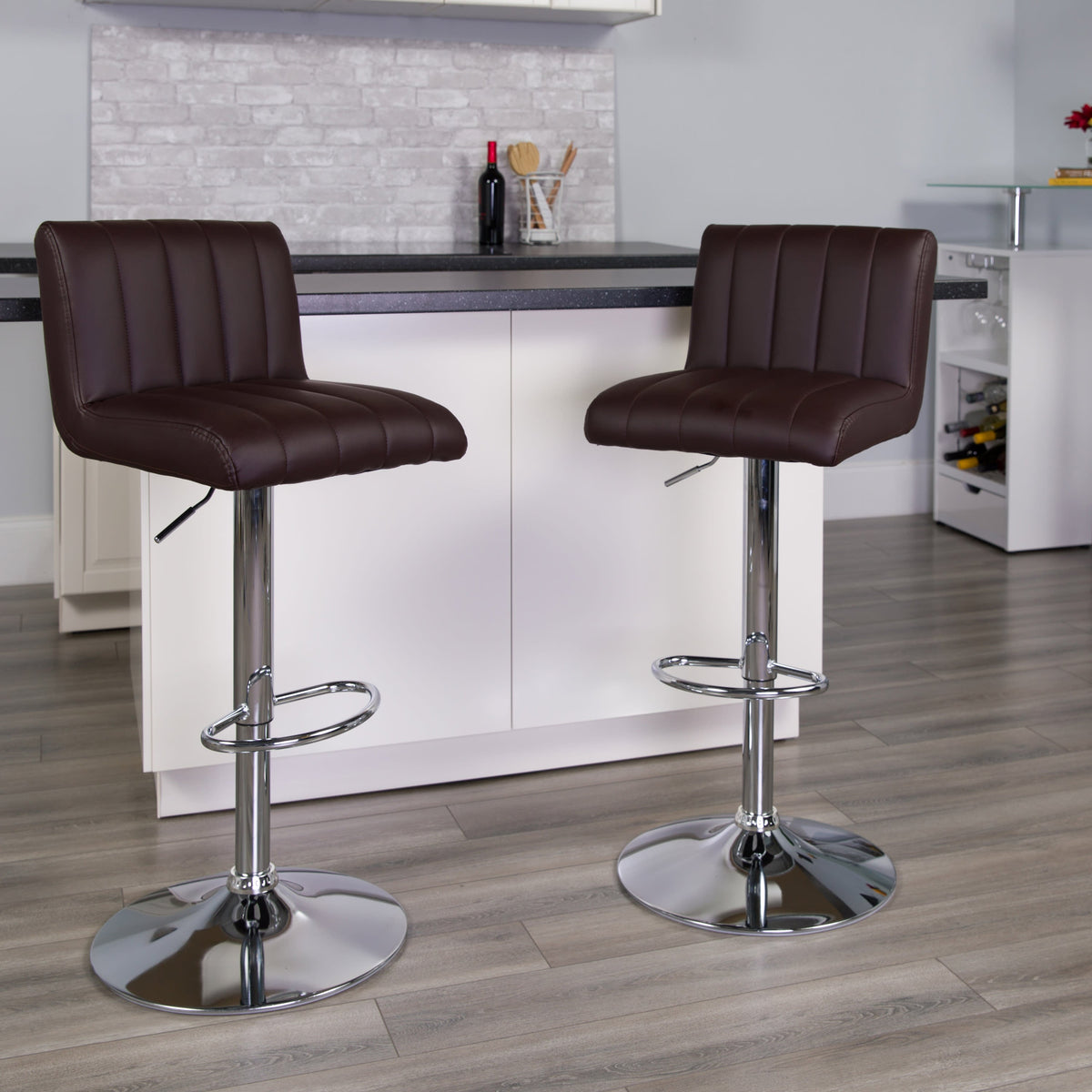 Brown |#| Brown Vinyl Adjustable Barstool with Vertical Stitch Back/Seat & Chrome Base