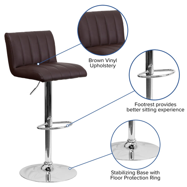 Brown |#| Brown Vinyl Adjustable Barstool with Vertical Stitch Back/Seat & Chrome Base