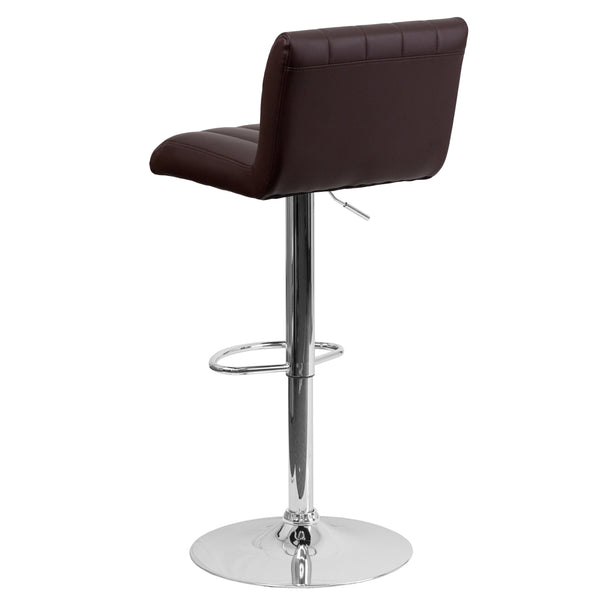 Brown |#| Brown Vinyl Adjustable Barstool with Vertical Stitch Back/Seat & Chrome Base